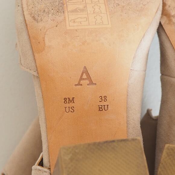 Anthropologie Block Heel Peep Toe Scalloped Shoes Women's Size 8M Tan Suede - Picture 10 of 11